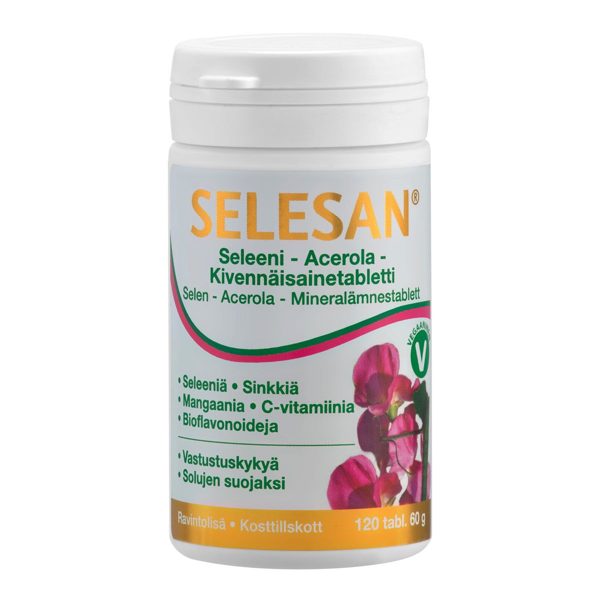 A white plastic bottle labeled SELESAN with green and purple text lists ingredients like selenium, acerola, vitamin C, and essential minerals. The cylindrical bottle has a matte surface and displays small illustrations of pink flowers. A vegan symbol appears on the label. No people or hands are visible in the image. The background is plain and uncluttered.