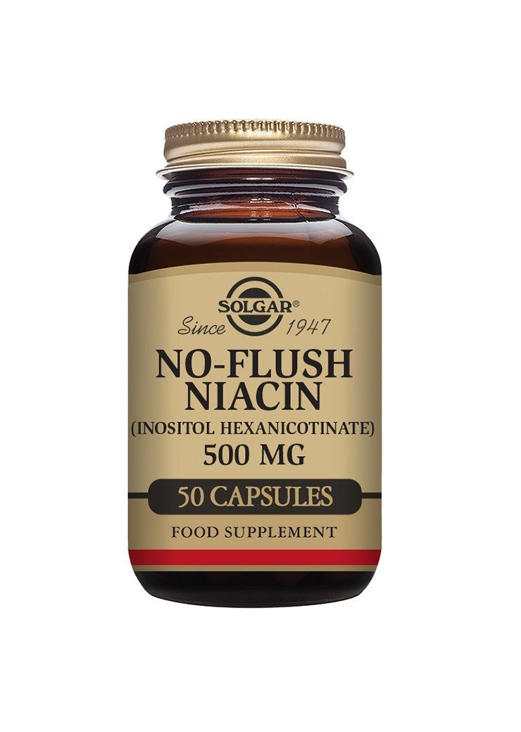 Solgar No-Flush Niasiini; ruskea lasipullo kultaisella metallisella kierrekorkilla ja kiiltäväpintaisena, lieriön muotoinen; etiketissä teksti "Solgar No-Flush Niacin (Inositol Hexanicotinate) 500 mg, 50 capsules, food supplement with inositol" antiikva- ja lihavoidulla groteskityyppografialla; pullo pystyssä valkoisella taustalla, ei ihmisiä tai käsiä.
