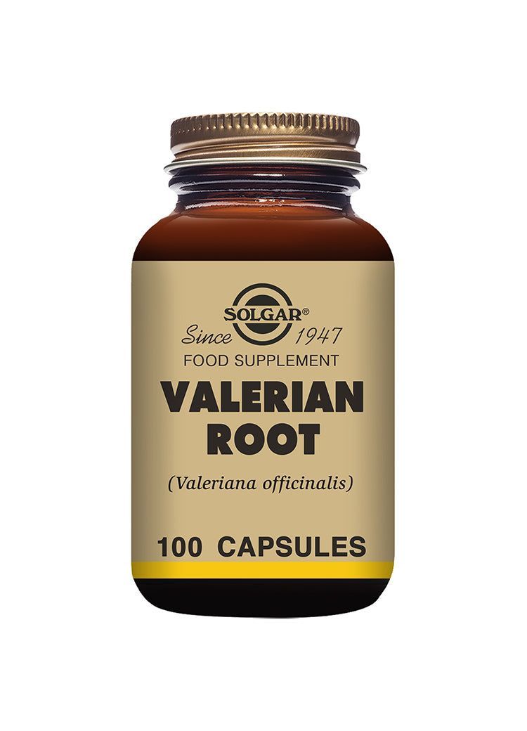 Solgar Valeriaana (Valeriana officinalis) -pullo, ruskea lasi, kiiltävä kultainen kierrekorkki, matta kulta-musta etiketti; versaaliantiikvateksti, 100 kapselia yrttiuutetta