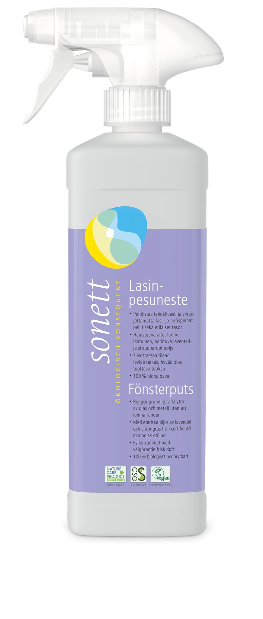A white spray bottle of Sonett ecological glass cleaner with a light purple label featuring biodegradable ingredients and product details in multiple languages. The bottle is plastic with a matte surface and has a curved ergonomic shape. The label has sans-serif text in various font sizes, with smaller multilingual text blocks. No people or hands are visible. The image background is plain white, photographed from the front.