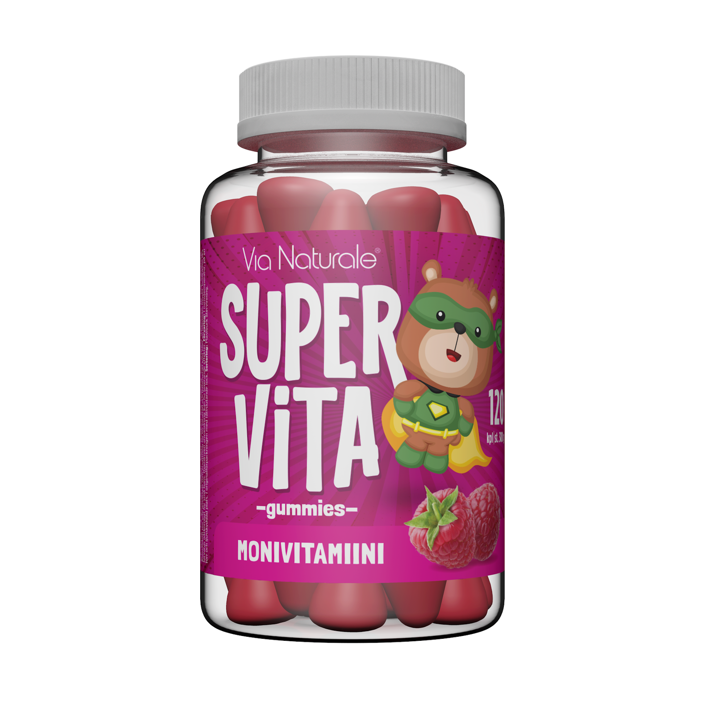 Via Naturale SuperVita monivitamiini gummies vadelma 120 kpl – pureskeltava vitamiinivalmiste lapsille ja aikuisille