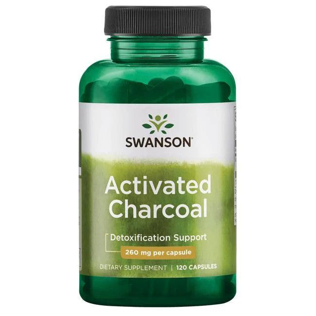 Swanson Activated Charcoal 260 mg; vihreä kiiltopintainen muovipullo tummanvihreällä korkilla, sylinterin muotoinen; Swanson-brändinimi lihavoiduin valkoisin kirjaimin etiketin yläosassa; muu teksti kertoo aktiivihiilestä, elimistön puhdistuksesta ja ruoansulatuksen tuesta, 260 mg kapselia kohti, 120 kapselia; valkoinen studiotausta, ei ihmisiä tai käsiä.