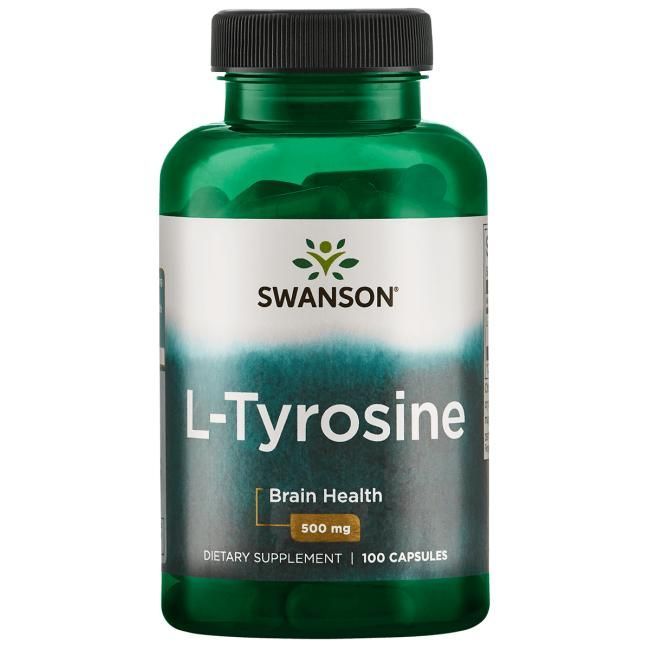 Swanson L-Tyrosine; vihreä muovipullo mattapinnalla, lieriön muotoinen tummanvihreällä korkilla suljettuna; etiketissä selkeää sans-serif-tekstiä valkoisena, kultaisena ja mustana; Swanson-brändinimi näkyvästi yläosassa; etiketti listaa: "Brain Health, 500 mg, 100 capsules, supports healthy cognitive function"; valkoinen tausta, ei ihmisiä tai muita esineitä.