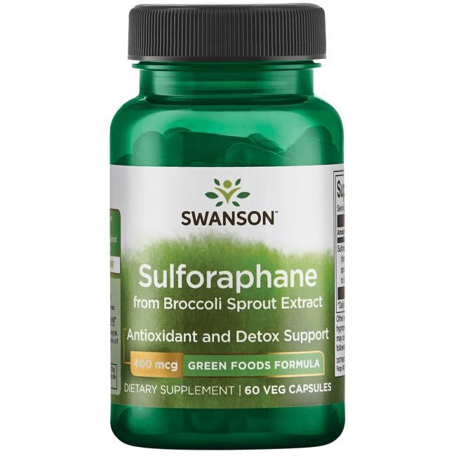 A green plastic bottle with a smooth, glossy finish and a black screw cap. The label is mostly white with green and black text in clear, bold fonts. It reads: A green bottle labeled Sulforaphane from Broccoli Sprout Extract by Swanson, containing 60 vegetarian capsules for powerful antioxidant and detox support. No people or hands are visible; plain white background; product centered in frame.