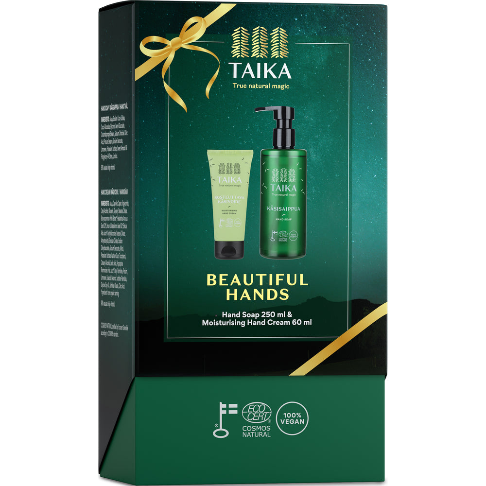 Taika Beautiful Hands -joululahjarasia revontulikuvituksella ja kultaisella rusetilla