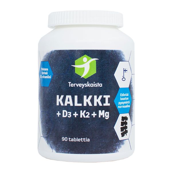 A white plastic bottle labeled Terveyskaista KALKKI + D3 + K2 + Mg with blue accents, containing 90 tablets. Cylindrical shape with a round white cap. The surface finish is matte. Label has sans-serif text and includes icons depicting bone structures, highlighting vitamins and minerals such as magnesium. Plain background; no people or hands visible in the image.