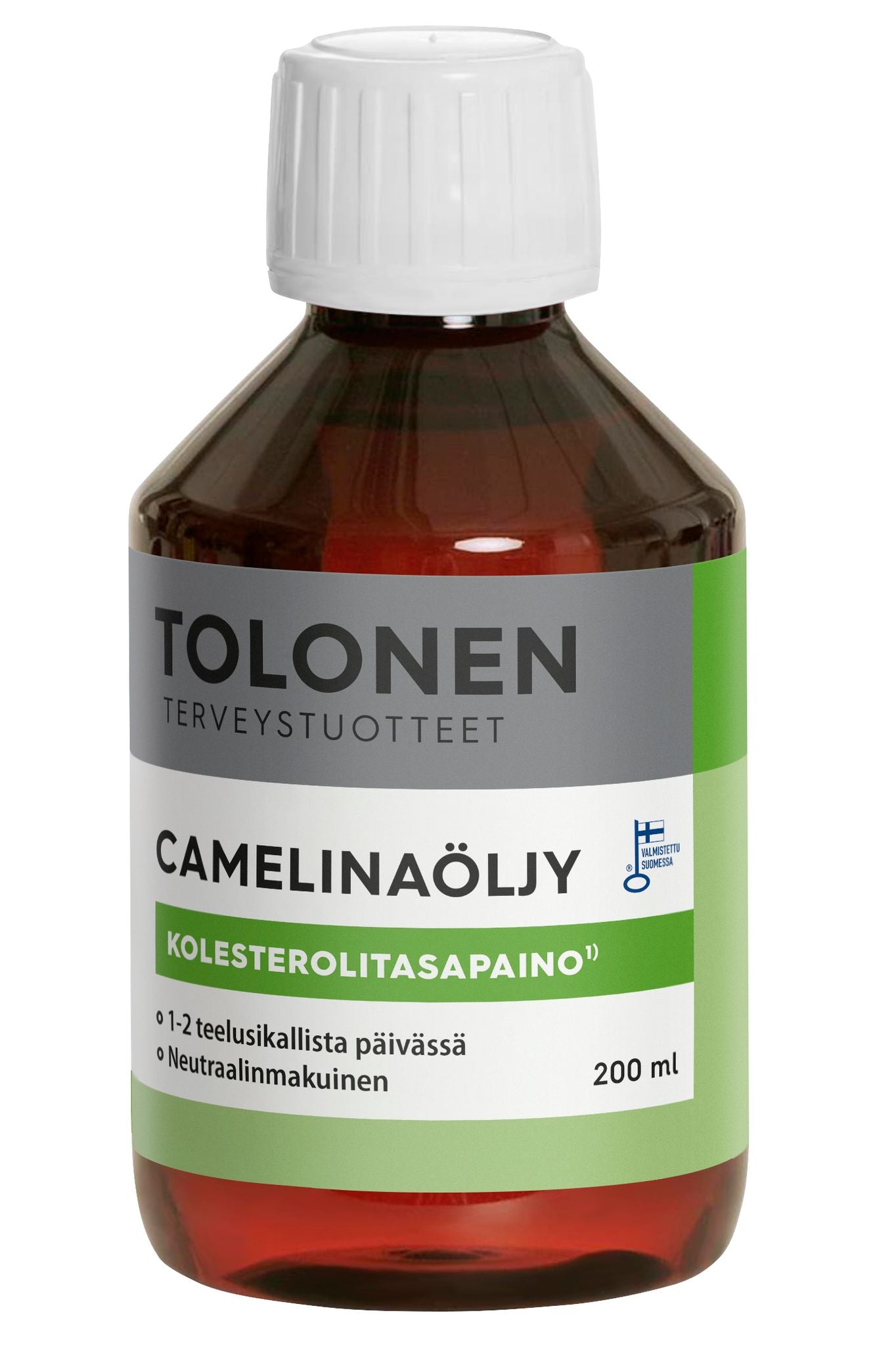 A brown plastic bottle with rounded shoulders and a glossy finish, topped with a flat white screw cap. The front label features “Tolonen Camelinaöljy” in bold black text and additional Finnish wording in smaller fonts. A small Finnish flag logo is on the right of the label. Background is plain white; no people or hands visible.