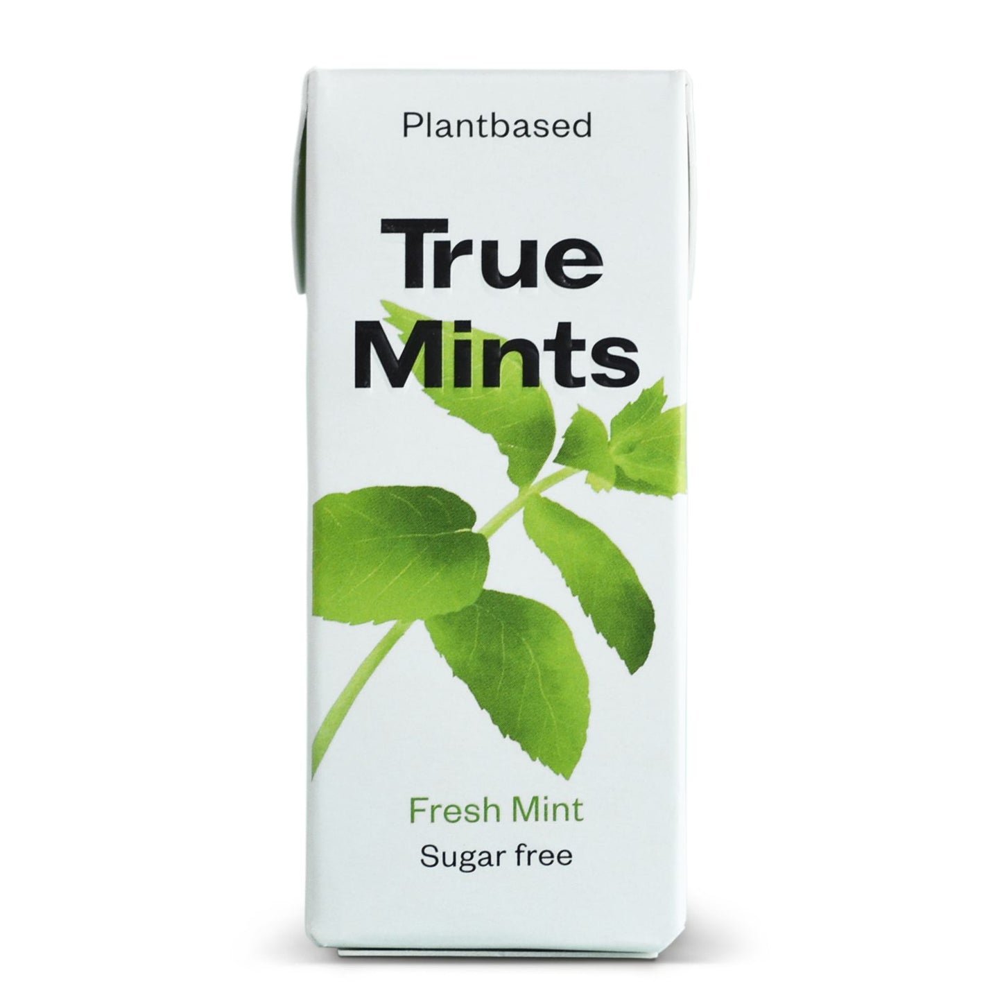A white box labeled True Mints with Plantbased at the top and Fresh Mint, Sugar free at the bottom, featuring a green mint leaf graphic on the front. Rectangular box with matte finish. Text uses sans-serif fonts, mostly uppercase. No people or hands visible. Plain or neutral background; front-facing product shot. This plantbased box highlights a fresh mint flavor in a sugar free formula.