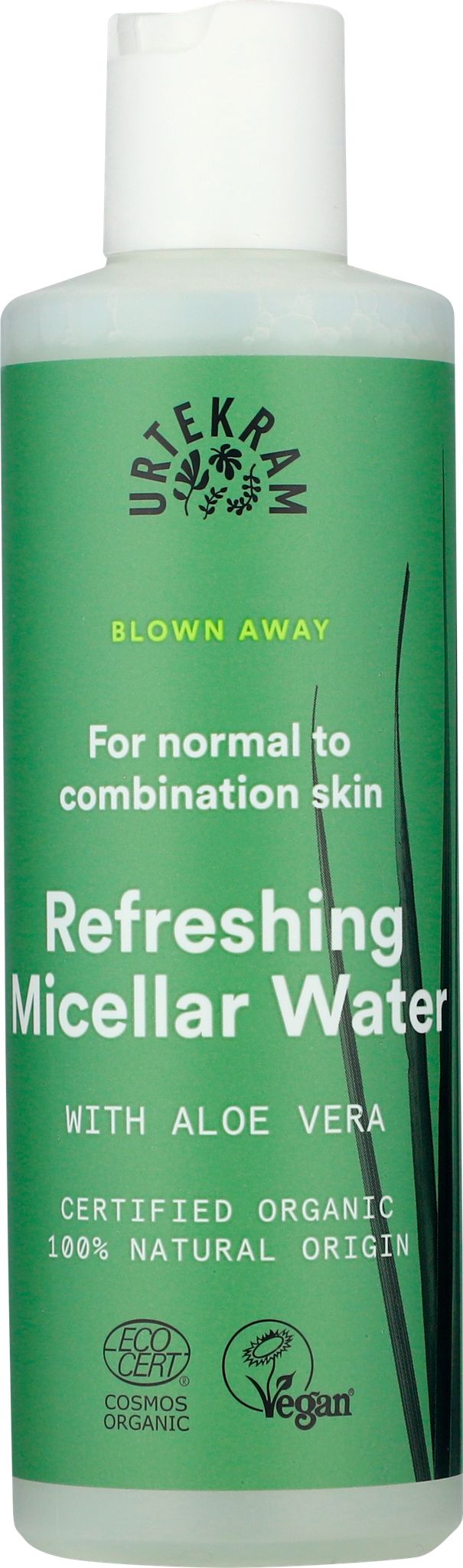 A green bottle with a matte finish, cylindrical shape, and plastic material. The front label features sans-serif typography in white and dark green text. Visible text: Urtekram Refreshing Micellar Water for normal to combination skin, enriched with aloe vera and certified organic. This vegan formula is made from 100% natural origin ingredients. Product is photographed against a plain white background with no people or hands in the frame, front-facing shot showing the entire bottle and its cap.