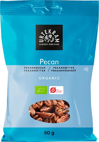 A blue 50g Urtekram bag labeled “Pecan.” The front shows images of whole pecan nuts, organic certification symbols, and product weight. Text uses a mix of sans-serif fonts in varying sizes. Packaging is matte, flexible plastic with a heat-sealed top. Background is plain and well lit. No people or hands are present in the image. A blue 50g Urtekram bag labeled Pecan, featuring pecan nuts and organic certification symbols on the front, highlights its organic quality.