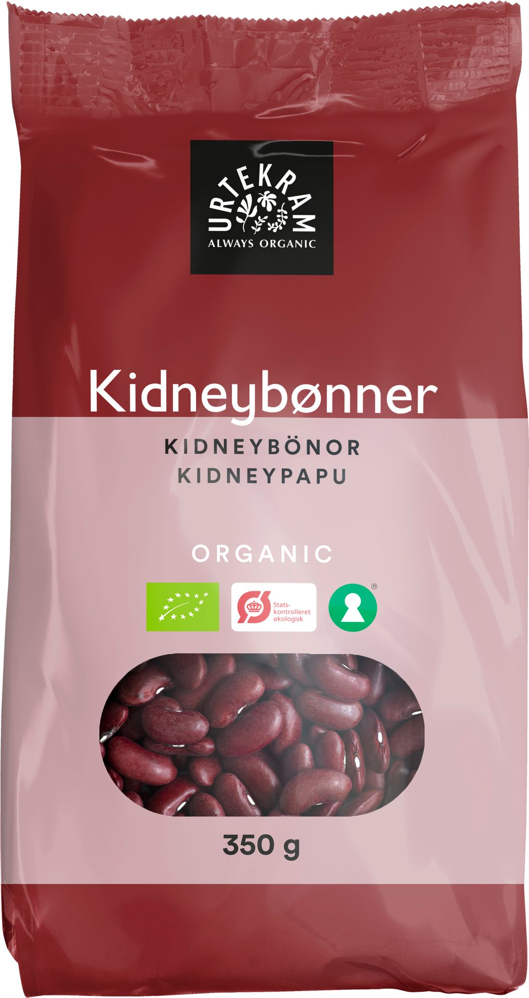 A 350g bag of Urtekram organic kidney beans with a clear window displaying the vibrant beans. Packaging is red and white with matte finish, rectangular in shape. Multilingual text and certification logos are printed in a sans-serif font. The product name and weight are prominently displayed. The background is plain and contains no additional objects or people.