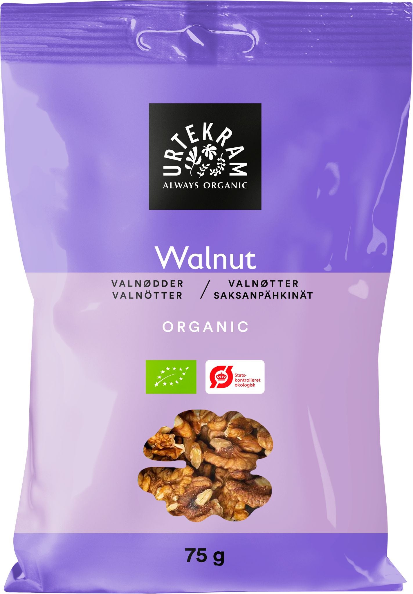 A 75g purple Urtekram organic walnut package, featuring organic walnut pieces, certification logos, and multilingual text. The package is rectangular with a matte surface and zipper closure. The label includes white sans-serif typography and small icon logos. Product sits against a plain light background, center-framed with no people or hands visible.