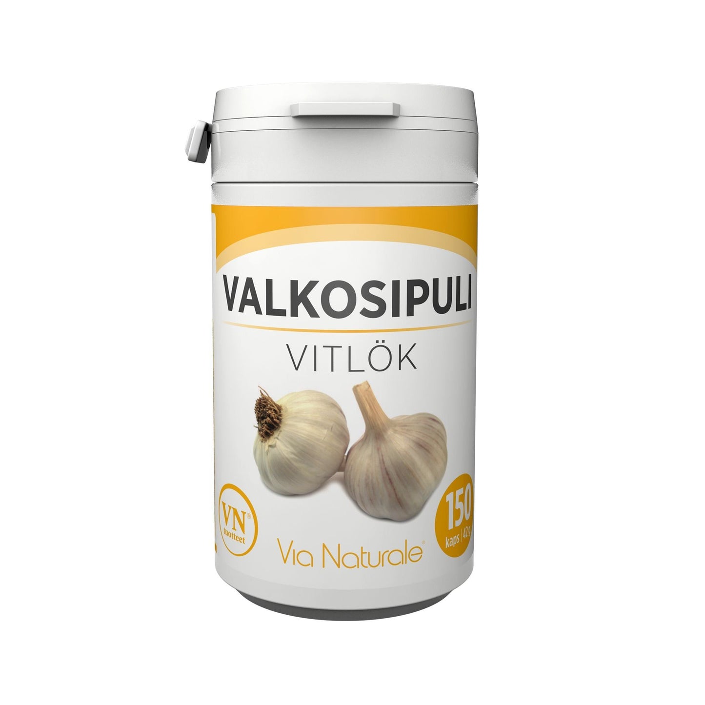 VALKOSIPULI VITLÖK -astia, valkoinen ja keltainen muoviastia mattapinnalla, sylinterimäinen muoto ja kierrekansi; etiketissä kuvia kahdesta valkosipulinkynttä ja tuotenimi lihavoidulla tekstausvapaalla fontilla; teksti sisältää "VALKOSIPULI VITLÖK", "150 capsules", "Via Naturale" sekä maininnan valkosipuliuutteesta; ei ihmisiä tai käsiä näkyvissä; tausta yksinkertainen.