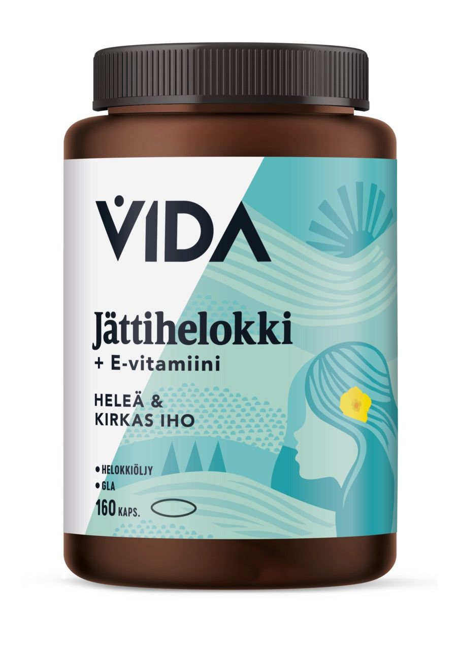 A brown plastic bottle with a glossy finish; the label reads VIDA Jättihelokki + E-vitamiini in bold, sans-serif lettering and displays teal graphics, Finnish text, and an illustration of a woman with flowing hair and a yellow flower. The product is upright against a plain background in a centered product shot. No people or hands are visible.