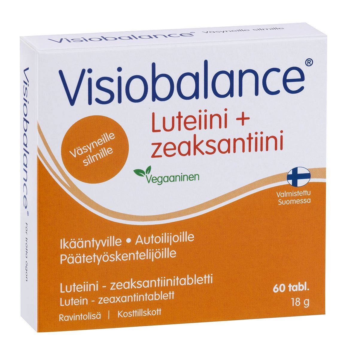 Visiobalance; pakkaus Visiobalance Lutein + Zeaxanthin -tabletteja; valkoinen ja oranssi laatikko mattapintaisesta pahvista, suorakaiteen muotoinen, suomenkielinen teksti groteskifontilla; etuosassa vihreä vegaanimerkki; numero 60 ilmoittaa tablettimäärän; luteiini ja tseaksantiini mainittu isommalla lihavoidulla tekstillä; ei ihmisiä tai käsiä; neutraali tausta.