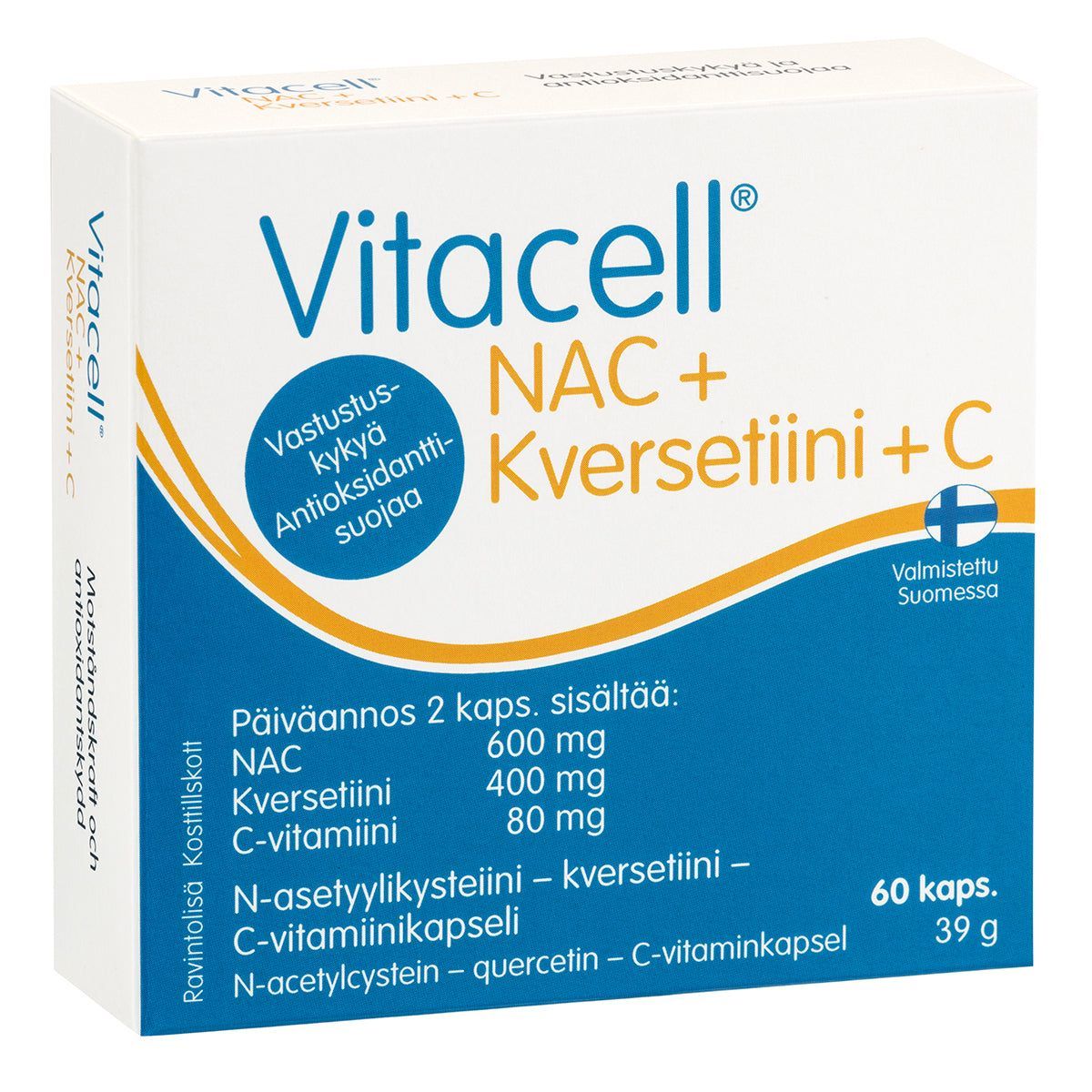 Vitacell NAC + Kversetiini + C; laatikko Vitacell NAC + Kversetiini + C -ravintolisälle sini-oranssilla suunnittelulla, annostus ja ainesosat listattu suomeksi, sisältää 60 kapselia; pakkaus suorakulmainen pahvia mattapinnalla; suurin osa tekstistä lihavoidulla sans-serif-fontilla; etusivulla tuotenimi näkyvästi esillä; valkoinen tausta, ei ihmisiä tai muita esineitä kuvassa.