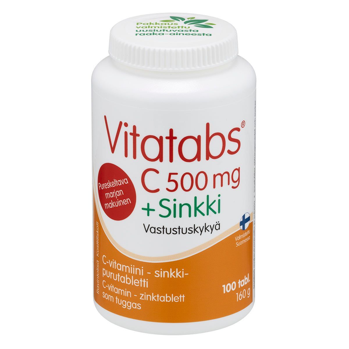 Vitatabs C 500 mg + Sinkki; valkoinen lieriön muotoinen muovipullo mattapinnalla; etiketti pääosin punainen ja vihreä suomenkielisin tekstein sekä pieni Suomen lipun symboli; typografia lihavoitua sans-serifiä; korkki valkoinen ja uritettu; ei ihmisiä tai käsiä; neutraali tausta, tuote keskitettynä kuvassa; pullo sisältää 100 pureskeltavaa C-vitamiini- ja sinkkitablettia päivittäisen immuunipuolustuksen tueksi.