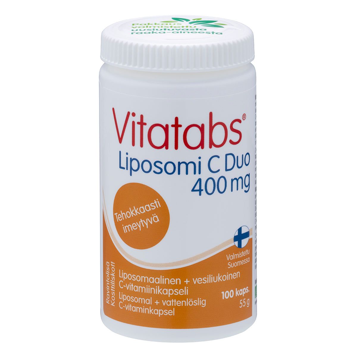 Vitatabs Liposomi C Duo 400 mg; valkoinen muovipullo mattapinnalla, sylinterinmuotoinen ruuvikannella; etiketissä lihavoitu oranssi ja sininen groteskiteksti "Vitatabs Liposomi C Duo 400 mg"; lisäksi näkyvissä tiedot 100 kapselista ja liposomaalisesta C-vitamiinista, Suomen lippu sekä maininta valmistuksesta Suomessa; pelkistetty studiotausta, ei ihmisiä kuvassa.