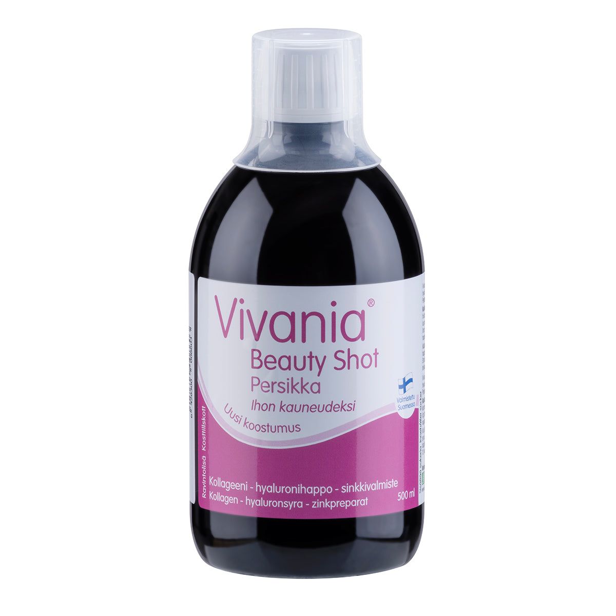 Vivania Beauty Shot Persikka — nestemäinen kollageeni-, hyaluronihappo- ja sinkkivalmiste, 500 ml