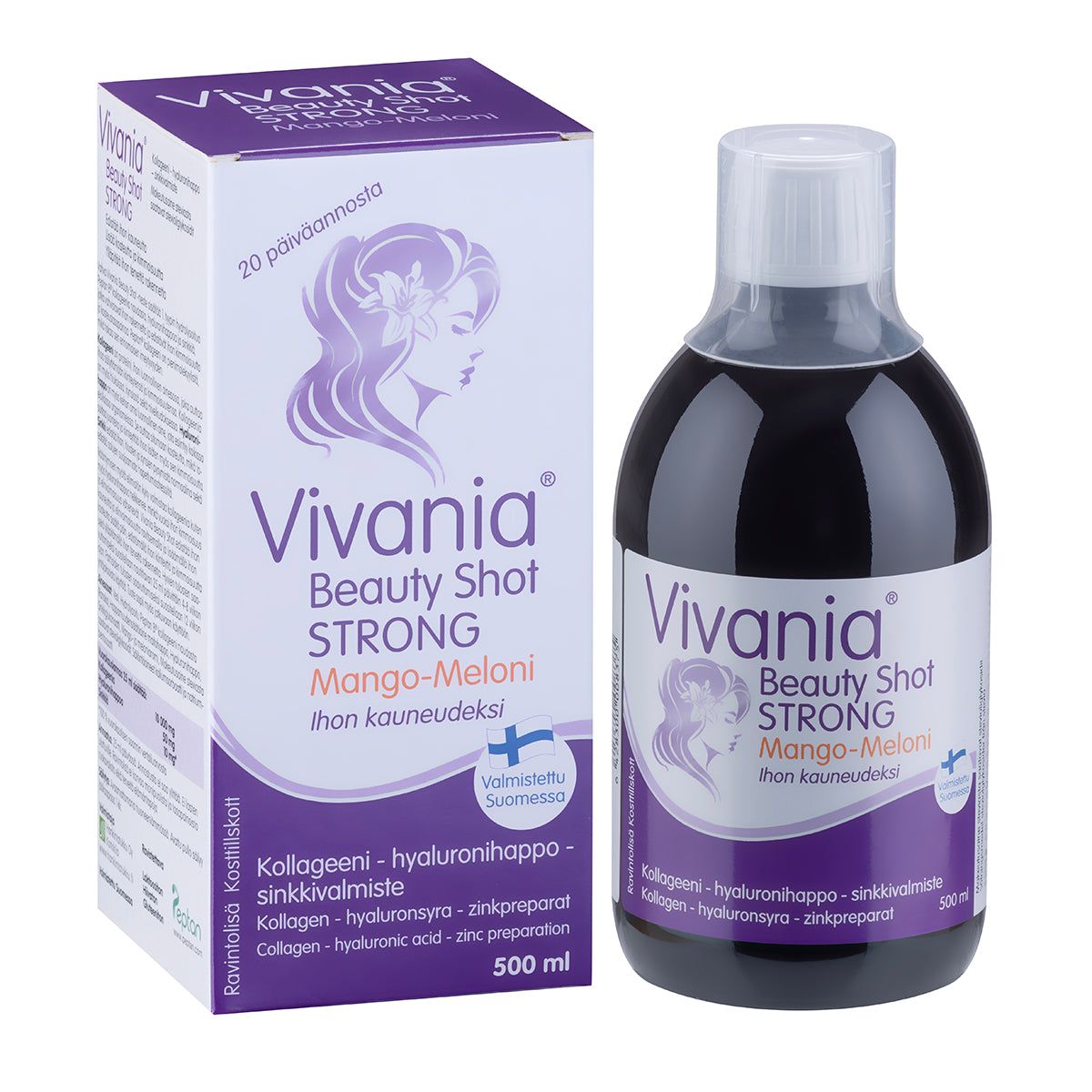 A bottle and box of Vivania Beauty Shot Strong Mango-Meloni, a collagen and hyaluronic acid supplement. Both the bottle and box have purple and white matte surfaces. The packaging shows a stylized woman’s profile illustration next to Finnish-language product details. Sans-serif fonts are used for all visible text. The items are photographed against a plain, light-colored background. No people or actions are present in the image.