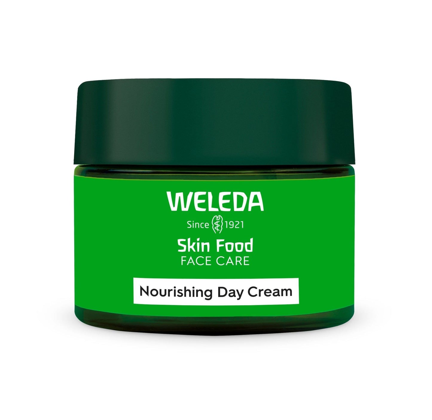 A green jar labeled “Weleda Skin Food Face Care Nourishing Day Cream” with a dark green, matte-finish screw-on lid. The container is glossy, rectangular with rounded edges, and displays white sans-serif text. No people or hands visible. Plain background in soft light, product centered in the frame.