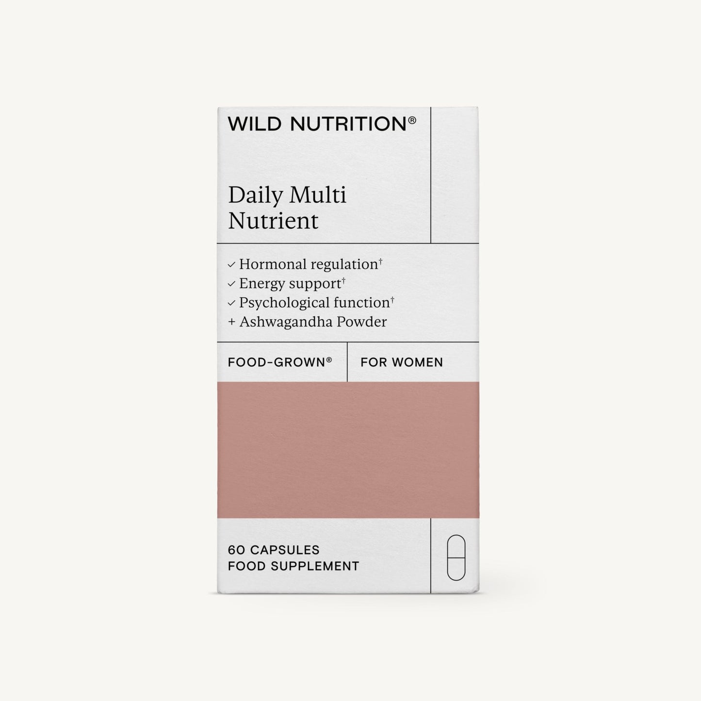 Wild Nutrition Daily Multi Nutrient for women -pakkaus, hyödyt kuten energia ja psykologinen tuki, sisältää 60 kapselia sekä ashwagandhajauhetta; laatikko suorakulmainen mattapinnalla, pääosin valkoinen vaaleanpunaisella osiolla alaosassa; teksti yksinkertaista tekstausvapaata fonttia, pääosin mustaa; tausta vaalea ja yksinkertainen; ei ihmisiä tai käsiä näkyvissä; kuva suora edestäpäin otettu.