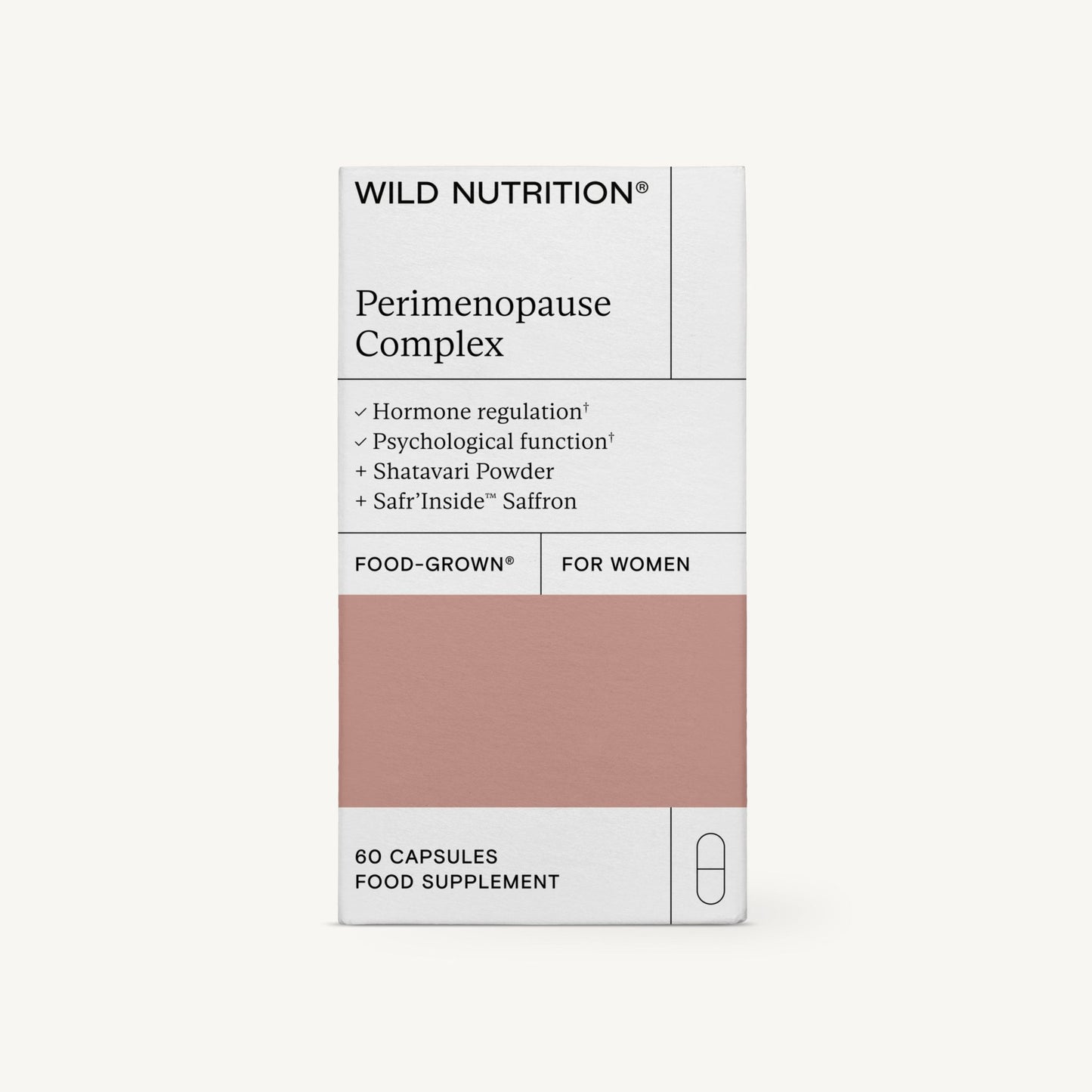 A box of Wild Nutrition Perimenopause Complex food supplement for women, containing 60 capsules, with features like hormone regulation and saffron extract. The packaging is rectangular, white with a pink section, and displays black sans-serif text. The surface finish looks matte. Only the outer carton is visible; no people or hands shown. The background is plain white.