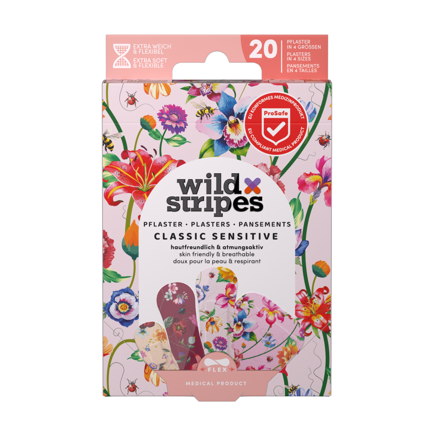 Wild Stripes Classic Sensitive Vintage Flowers -laastaripakkaus, 20 kukkakuosista laastaria