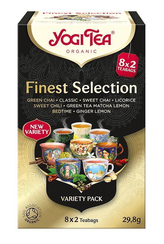 YogiTea Luomu Finest Selection Tee; makuvalikoimapakkaus, kuvitettuja teekuppeja ja tekstiä, joka listaa makuja kuten makea chai, vihreä tee ja inkivääri-sitruuna; yrttiteepakkaus sisältää 8 lajitelmaa, 2 pussia kutakin, yhteensä 29,8 g; laatikko on suorakulmainen mattapinnalla ja monivärisillä kuvituksilla; etiketissä serif-kirjasin brändäyksessä ja tiedoissa; ei ihmisiä tai käsiä, neutraali tausta, tuote kokonaan näkyvissä.