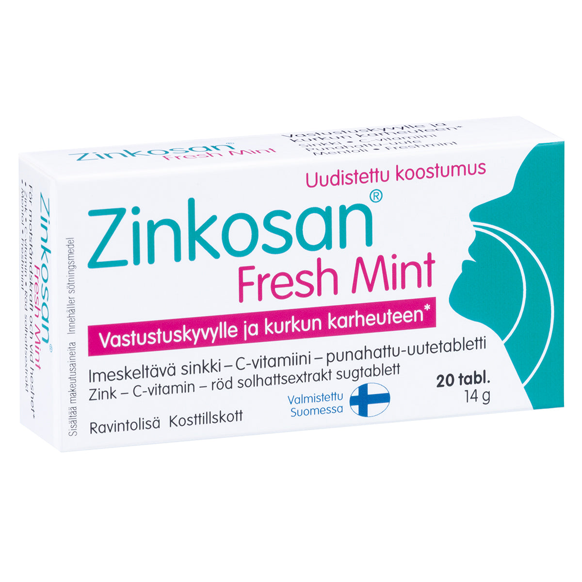 Zinkosan Fresh Mint 20 tablettia, imeskeltävä sinkki-, C-vitamiini- ja punahattu-uutetabletti
