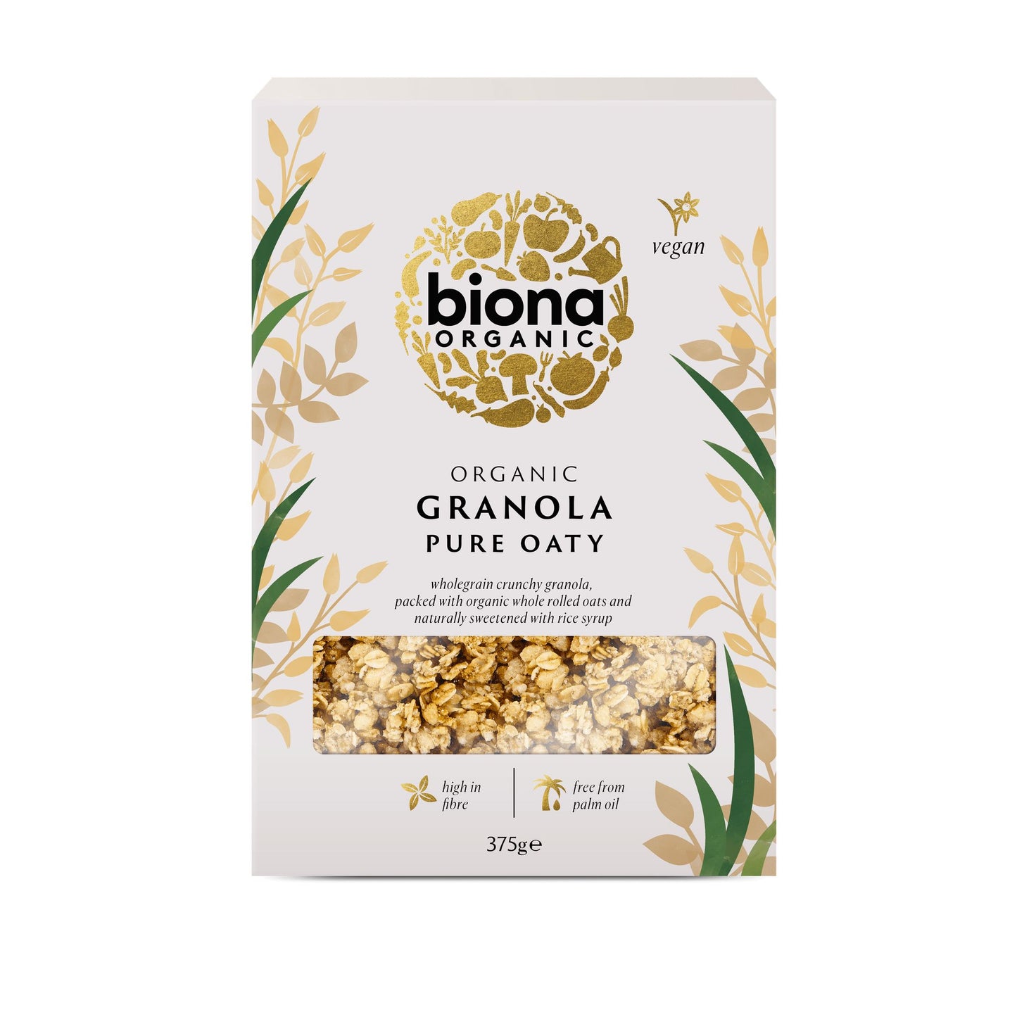 A box of Biona Organic Pure Oaty Granola, 375g, featuring gold leaf designs, a vegan logo, and a window displaying the granola. The package is rectangular with a matte surface and dark background. Serif and sans-serif fonts are used for the visible label text: high in fibre, sweetened with rice syrup, free from palm oil. The setting is neutral; no people or hands visible.