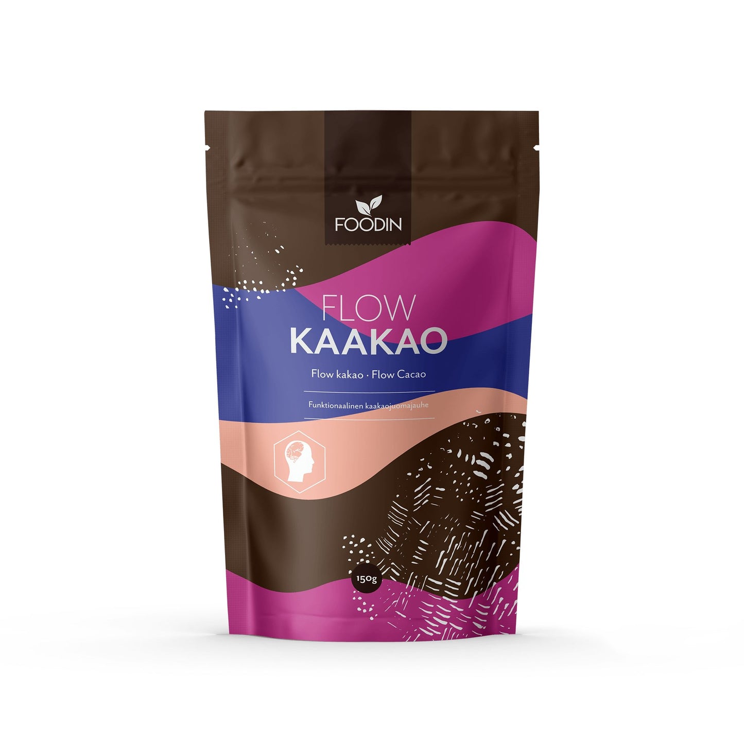 Foodin FLOW Kaakao -juomajauhe, 150 g; uudelleensuljettava pussi, moderni design sinisin, violetein, ruskein ja vaaleanpunaisin värein, valkoista tekstiä; mattapintainen muovipakkaus, jossa tyylitelty aivokuvake abstraktien kuvioiden yläpuolella; muoto tavanomainen seisova pussi; lihavoitua groteskitekstiä; ei ihmisiä, tuote kuvattu vaalealla taustalla.