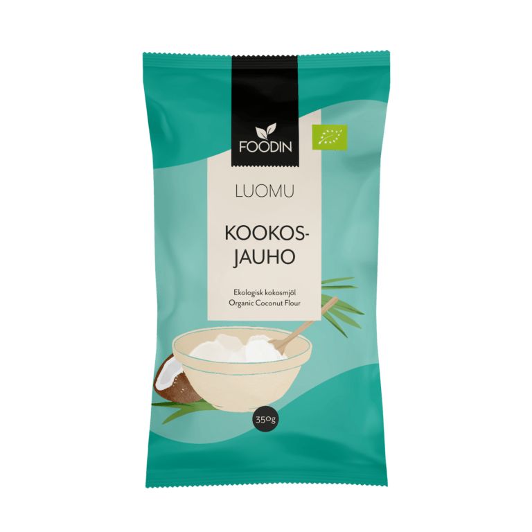 Foodin Luomu Kookosjauho -pakkaus, turkoosi ja beige, kuvassa kulho jauhoa sekä kookoskuvitus, kaksikielinen teksti suomeksi ja englanniksi; pussi mattamuovia uudelleensuljettavalla yläosalla; suorakulmainen muoto pyöristetyin hartioin; tuotenimi lihavoidulla tekstausvapaalla fontilla; tasaisesti valaistu kuva valkoista taustaa vasten, ei ihmisiä tai muita esineitä paitsi pakkaus.