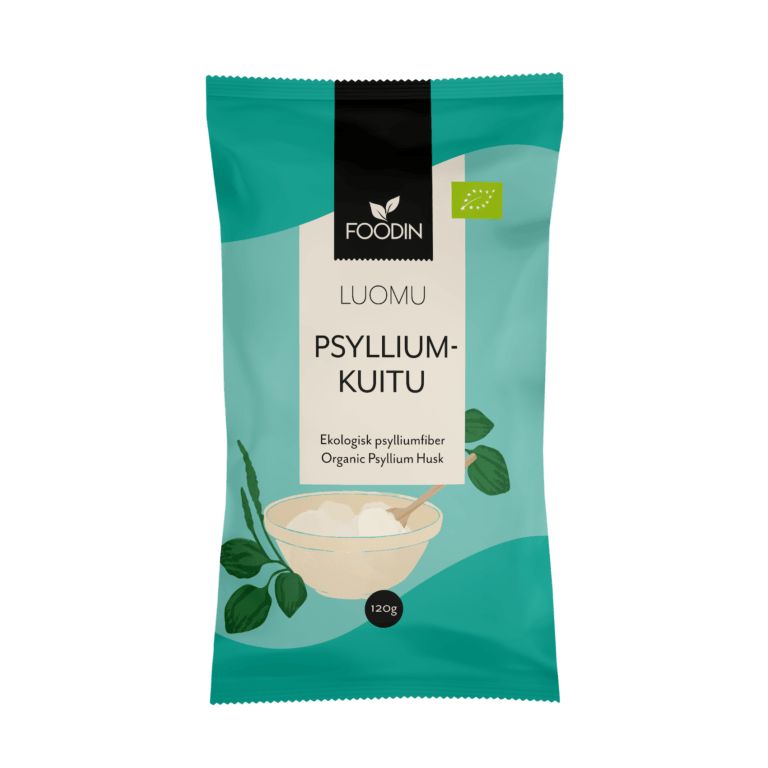 A teal and light beige package labeled Foodin LUOMU Psyllium-Kuitu features an image of a bowl of psyllium husk and green leaves. Rectangular matte-finish pouch with resealable top. Legible text in Finnish and English indicates 120g weight and organic content. Sans-serif typography is used. No people or hands present, plain background, standard product photo composition.