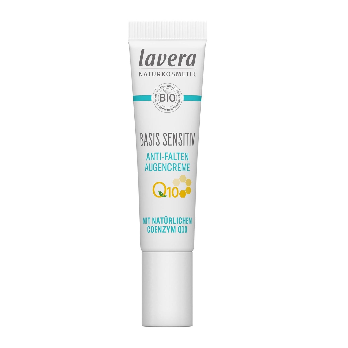 Lavera Basis Sensitiv Q10 Silmänympärysvoide; tuubi tekstillä "Anti-Falten Augencreme with Q10", luonnonkosmetiikka- ja vegaanimerkinnät, pystyssä valkoisella taustalla; valkoinen tuubi sinisin korostuksin ja mattapintaisena, groteskitypografia; ei ihmisiä tai käsiä; selkeä tuotekuva etikettitietoineen.