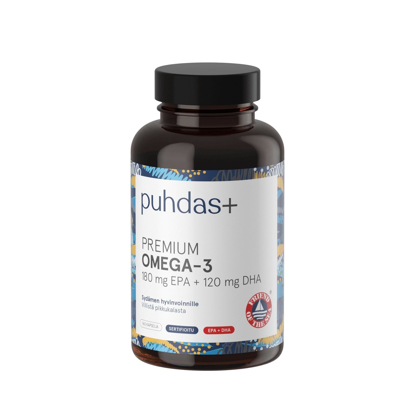 Puhdas+ Premium Omega-3 180 mg EPA + 120 mg DHA; ruskea, mattapintainen pullo mustalla kierrekorkilla pystyssä; etiketissä teksti "puhdas+ PREMIUM OMEGA-3 contains 180 mg EPA and 120 mg DHA" ja pyöreä USA-sertifiointimerkki; sinisiä, keltaisia ja valkoisia geometrisia yksityiskohtia; valkoinen tausta.