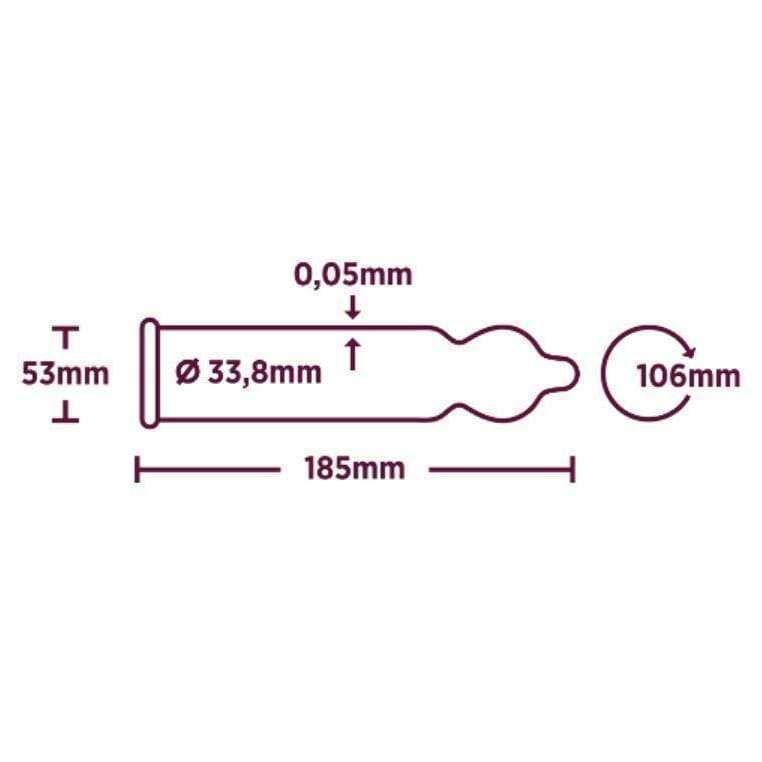 Tekninen viivapiirros kondomista mittoineen: leveys 53 mm, pituus 185 mm, halkaisija 33,8 mm, paksuus 0,05 mm, ympärysmitta 106 mm; mustat viivat valkoisella pohjalla, ei pakkausta tai väriä näkyvissä