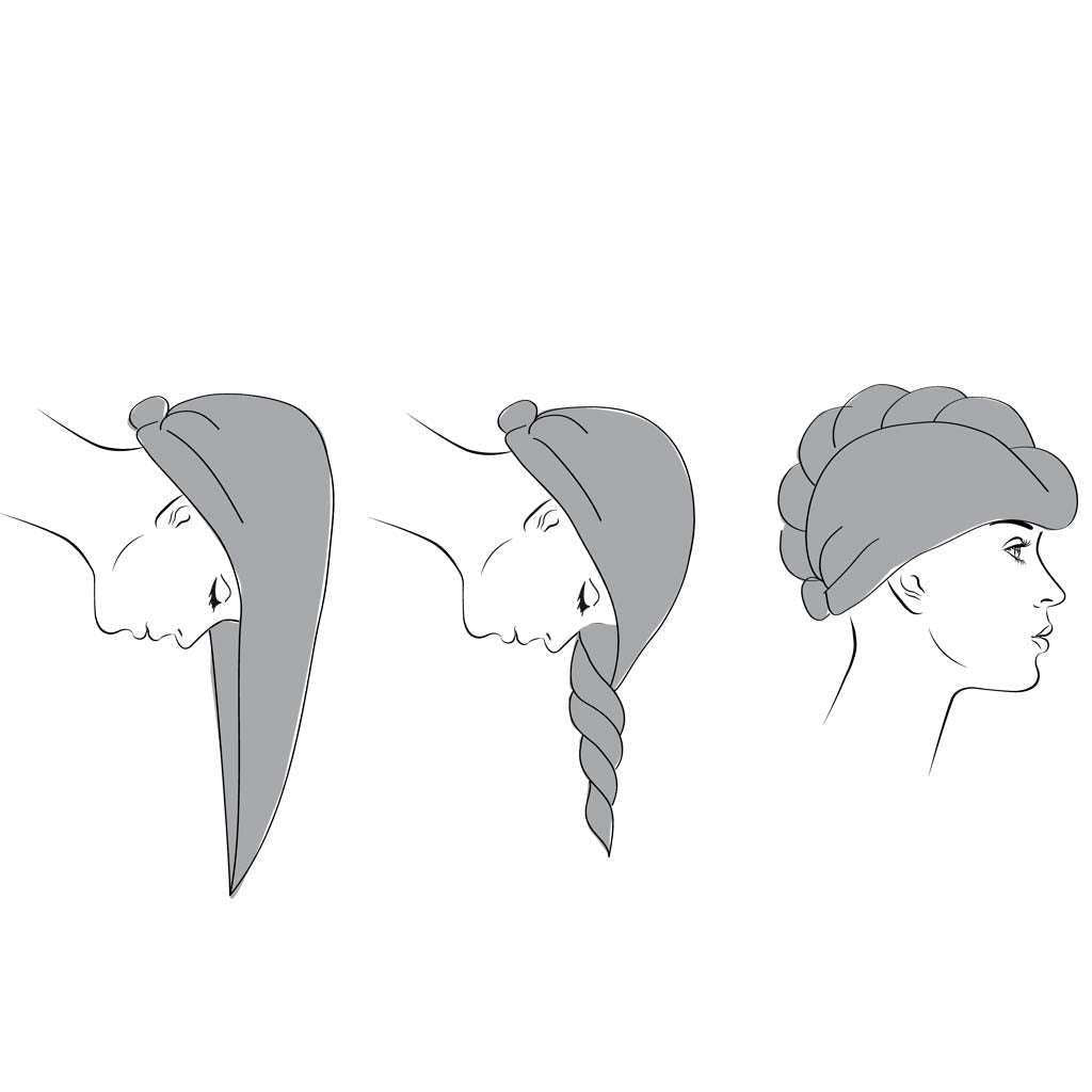SkinMood Hair Turban Hiusturbaani; kolme sivukuvaa henkilöstä pitkine hiuksineen havainnollistamassa vaiheita: hiukset alaspäin, kierrettynä ja kierretyt hiukset taitettuna turbaaniin; yksinkertainen viivapiirrostyyli vähäisin yksityiskohdin; turbaani esitetty jokaisessa vaiheessa pelkistettynä muotona ilman brändäystä; valkoinen tausta ilman muita elementtejä tai tekstiä; kuvitus havainnollistaa pitkien hiuksien siistin kiinnittämisen turbaanin alle.