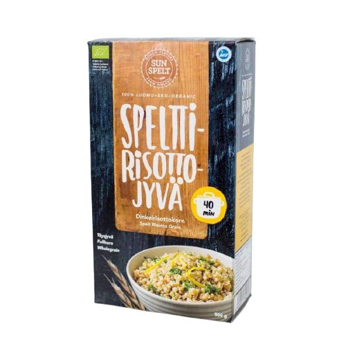 A box of Sun Spelt organic spelt risotto grains, featuring an image of cooked risotto in a bowl and Finnish text. Cardboard packaging with a matte finish, rectangular shape, predominantly light color scheme with green accents. Bold sans-serif typography for the brand name and key details. Legible label notes suitability for risotto, 40-minute cooking time, 500g weight. Plain background; product shown upright; no people or hands visible.