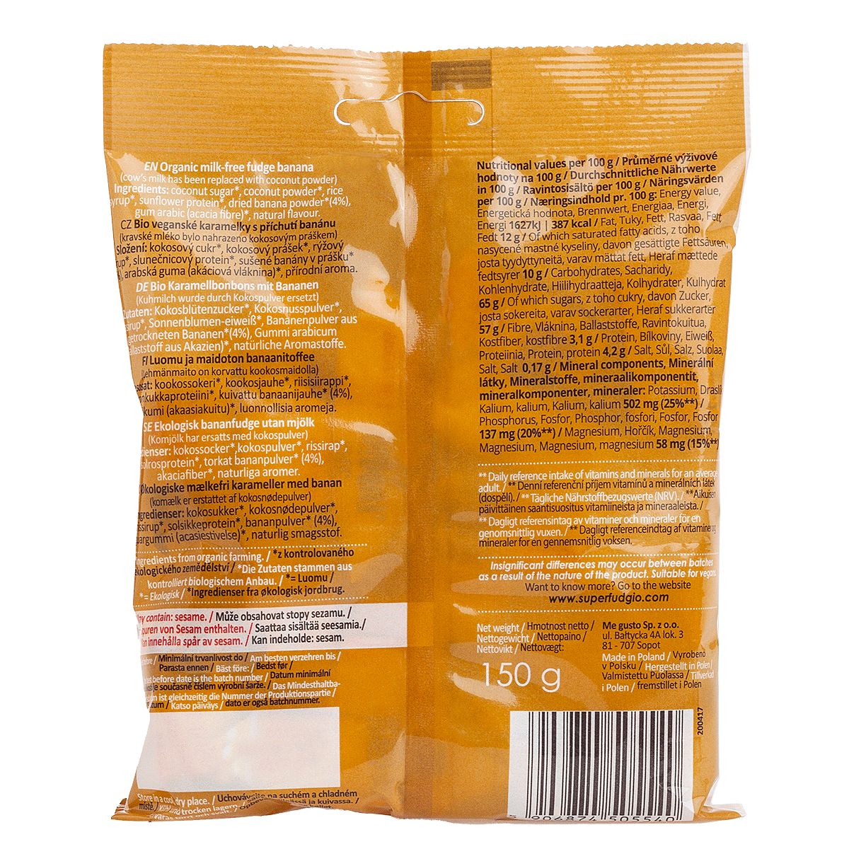 Back of a yellow snack package displaying nutrition facts, ingredients, and product information in multiple languages, with a barcode at the bottom. Rectangular plastic package with glossy finish. Text sections use regular and bold sans-serif fonts in black. No people or hands visible; plain background; mid-range shot.