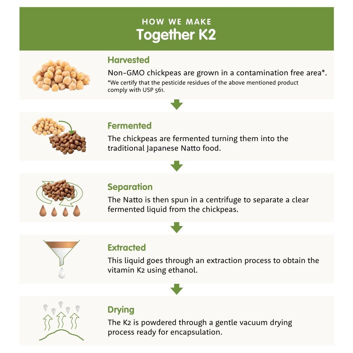 Together Health Bone Aid; infograafi K2-vitamiinin valmistuksesta kikherneistä: kerätty, fermentoitu, erotettu, uutettu ja kuivattu vegaaniseksi jauheeksi; kuvakkeet ja lyhyet kuvaukset kullekin vaiheelle, lihavoidut groteskiotsikot vaalealla taustalla.