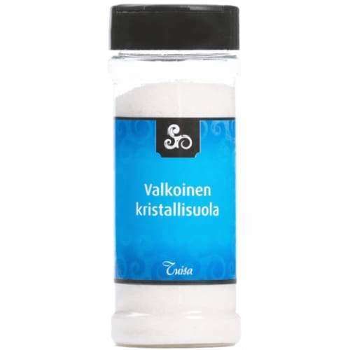Tuisa Himalajan Valkoinen Kristallisuola; läpinäkyvä muovinen mausteputkilo mustalla kannella ja sinisellä etiketillä, jossa teksti "Valkoinen kristallisuola"; lieriömäinen putkilo sileine kiiltävine sivuineen, täynnä puhdasta valkoista kristallisuolaa; sininen etiketti lihavoidulla valkoisella groteskitekstillä; kuva neutraalilla, tasaisesti valaistulla taustalla, ei ihmisiä tai muita esineitä.