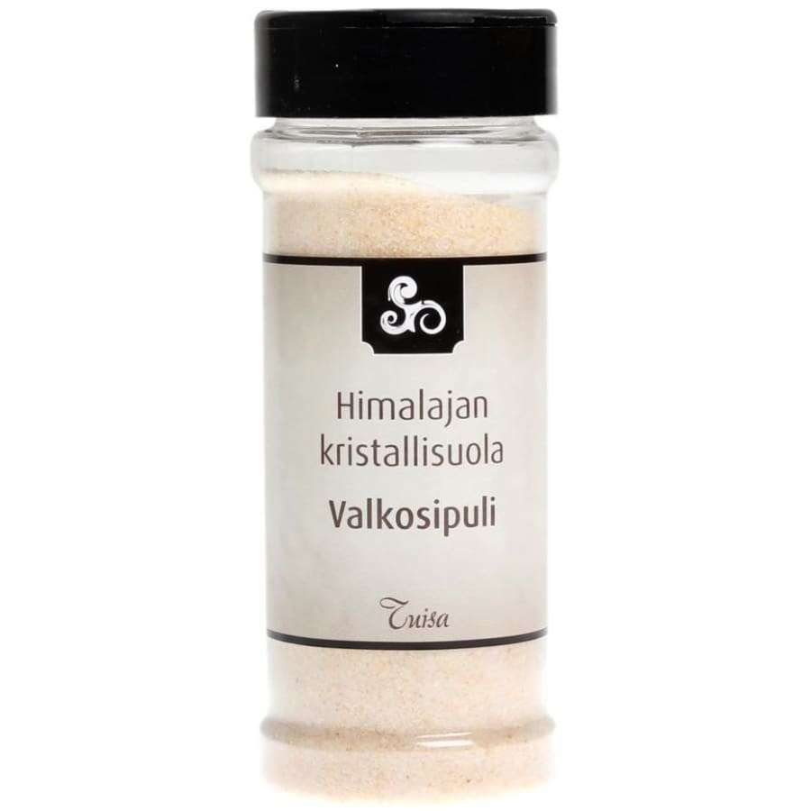 Tuisa Himalajan kristallisuola Valkosipuli -purkki, kirkas lasi, musta mattamuovikansi, karkeaa vaaleanpunertavaa suolarouhetta; valkoinen etiketti lihavoidulla groteskitekstillä, harmaita yksityiskohtia
