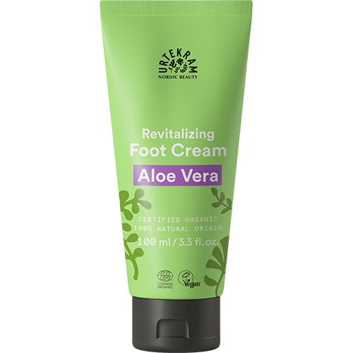 Urtekram Aloe Vera Jalkavoide -tuubi, vihreä, sertifioitu luomu, 100 % luonnollinen alkuperä, 100 ml; mattapintainen muovituubi läpsykorkilla, valkoinen groteskiteksti, vegaani- ja ekomerkit