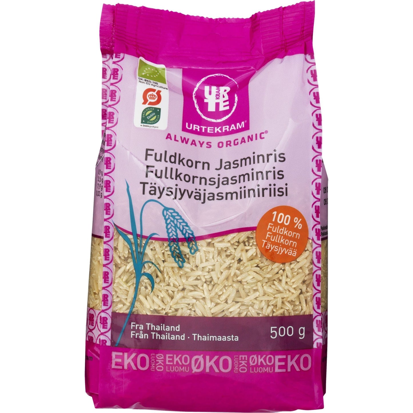 Urtekram Luomu Jasmiiniriisi täysjyvä -pussi, 500 g, vaaleanpunainen-violetti, riisinjyviä ja -tähkiä kuvassa, teksti useilla kielillä; mattapintainen pystysuora pakkaus, suuri groteskiteksti tuotenimelle