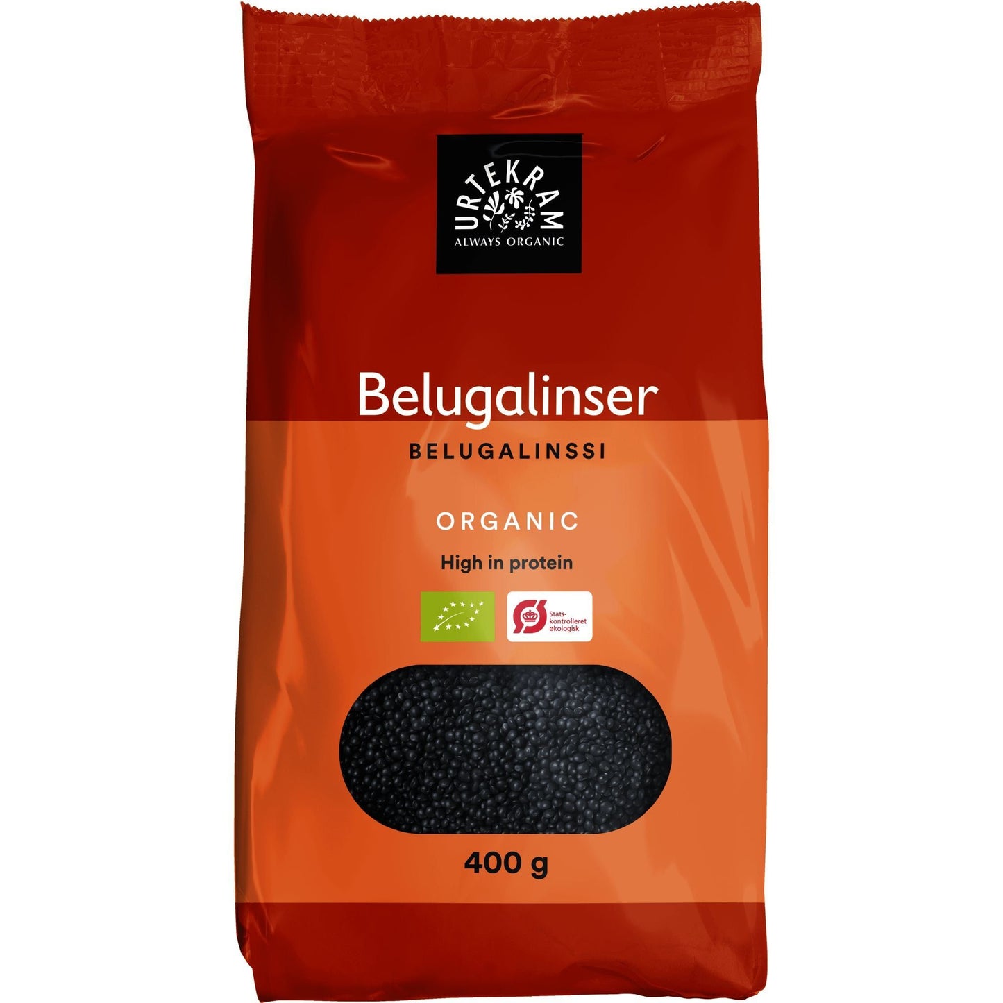 Urtekram Luomu Belugalinssi -pussi, 400 g, punainen, kirkas ikkuna näyttää mustat linssit; suorakulmainen mattapintainen pakkaus, valkoinen-musta groteskiteksti, sertifiointimerkit etupuolella