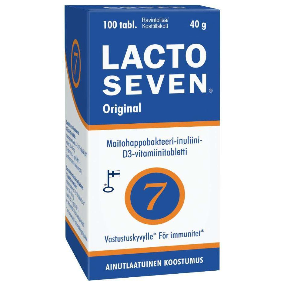 Vitabalans Lacto Seven maitohappobakteeri on ravintolisä, jossa on 100 tablettia (40g). Pääosin sinivalkoinen, oranssilla ja suomenkielisellä tekstillä korostettu rasia sisältää maitohappobakteereita.