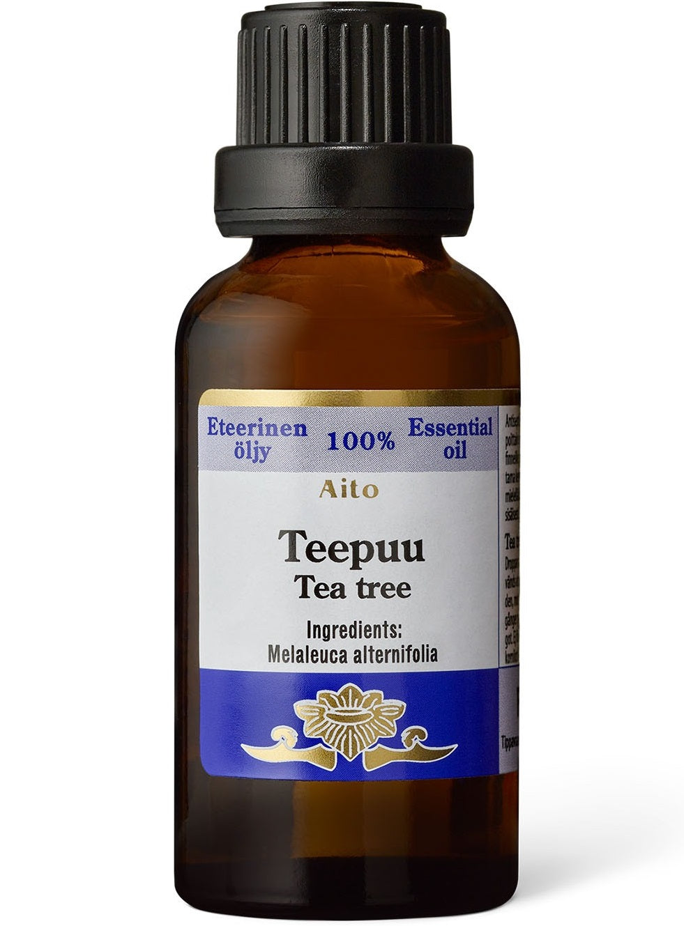 Ruskea lasipullo, jossa on musta korkki, jossa on merkintä Frantsila eteerinen öljy - Teepuu, joka sisältää 100 % Melaleuca alternifolia -öljyä, joka on aknen hoitoon tarkoitettu antiseptinen öljy. Etiketissä on sekä suomenkielinen että englanninkielinen teksti. Tuotemerkki: Frantsila.