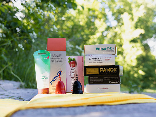 Hyviksen verkkokaupassa alessa olevia seksuaaliterveystuotteita kesäauringossa kuvattuna