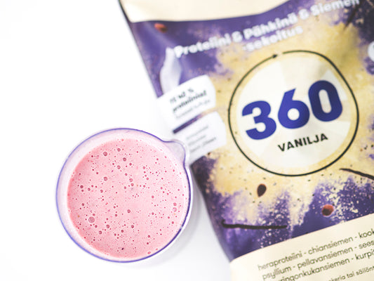 Voimaruoka 360 Wholefood vanilja -smoothieaines ja mansikkainen smoothie